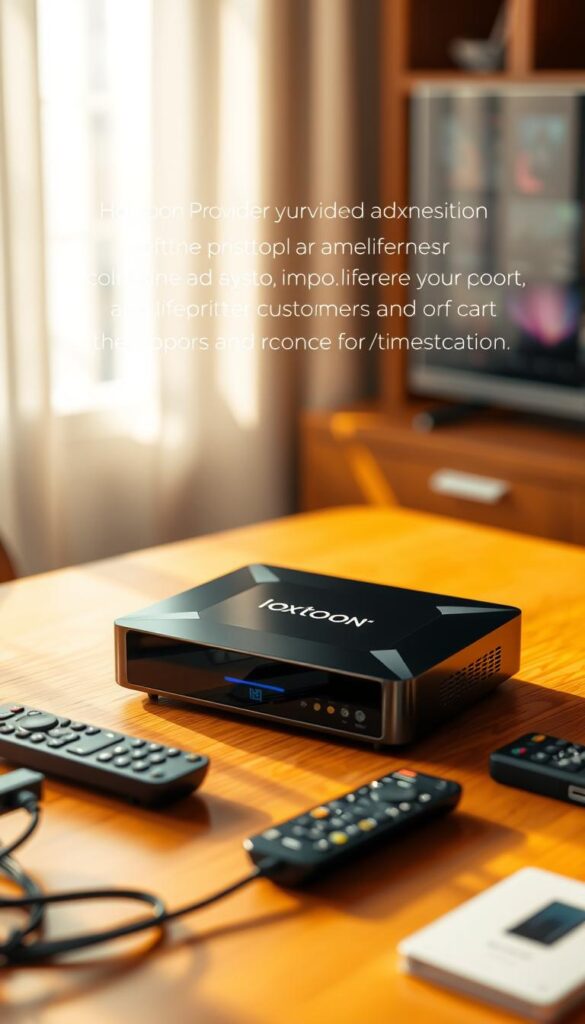 An IPTV box with a sleek, modern design sits prominently on a wooden table, bathed in warm, soft lighting. The Hoxtoon Provider logo is subtly displayed on the front panel, conveying a sense of premium quality and reliability. The box is surrounded by various remote controls and cables, suggesting the ease of setup and the convenience of a lifetime subscription. The scene exudes a professional, yet inviting atmosphere, reflecting the high-quality customer support and service experience promised by the Hoxtoon Provider.