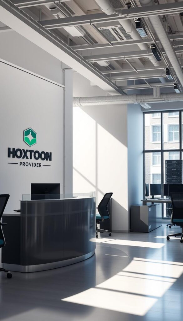 An IPTV service provider's office interior, with a modern, professional aesthetic. Sunlight streams through large windows, illuminating a sleek reception desk and rows of workstations. The Hoxtoon Provider brand logo is prominently displayed on the wall, conveying a sense of authority and reliability. In the background, a server rack hums quietly, underscoring the technological infrastructure powering the IPTV service. The space exudes an atmosphere of efficiency and innovation, reflecting the legal considerations that govern the IPTV industry.