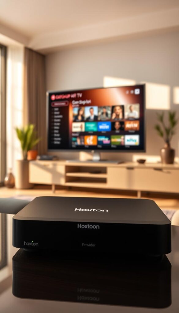 An IPTV set-top box in a modern living room, with a sleek and minimalist design. The box features the Hoxtoon Provider logo prominently displayed on the front panel. The screen displays a user-friendly catch-up TV interface, showcasing a variety of on-demand content options. The room is bathed in warm, natural lighting, creating a cozy and inviting atmosphere. The overall scene conveys the ease and convenience of the Hoxtoon IPTV service, with a focus on the catch-up feature as the key selling point.