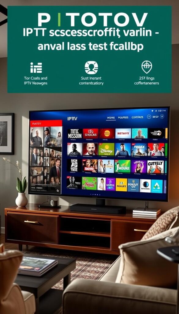 An IPTV subscription service with advanced catch-up features, showcasing the Hoxtoon Provider brand. A large flatscreen TV displays a sleek, modern user interface with a focus on easy navigation and content discovery. The living room setting is cozy and inviting, with tasteful decor and ample natural lighting. The TV screen reflects the high-quality video playback and diverse content selection available through the Hoxtoon IPTV service. The overall atmosphere conveys a sense of convenience, entertainment, and legal compliance for US viewers.