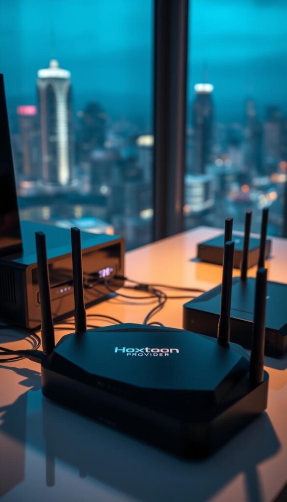 An advanced IPTV server setup with sleek black hardware components, including a router, modem, and streaming device with the Hoxtoon Provider logo prominently displayed. The setup is arranged on a clean, modern desk with subtle ambient lighting, creating a professional and organized atmosphere. The foreground showcases the various devices interconnected, while the background features a blurred cityscape through a large window, conveying a sense of connectivity and technology integration. The overall scene exudes a sophisticated, high-tech vibe suitable for a premium IPTV service article.
