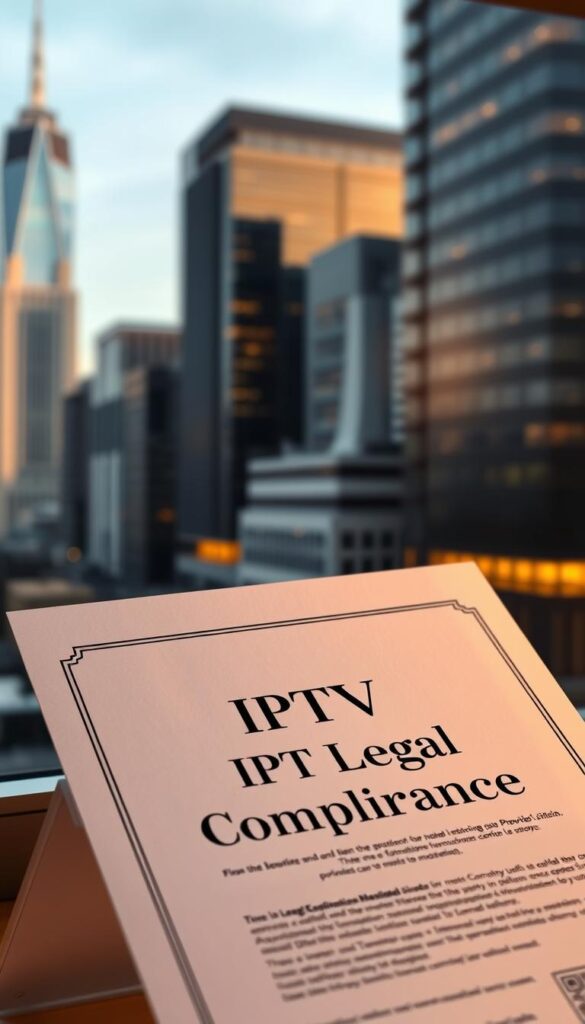 An authoritative legal document with the title "IPTV Legal Compliance" displayed prominently in the foreground, with a serene and professional atmosphere. Behind it, a cityscape with modern skyscrapers, representing the Hoxtoon Provider's operations in a major metropolitan area. Soft, warm lighting creates an atmosphere of trust and reliability. The overall composition conveys the subject's seriousness and the provider's adherence to legal requirements.
