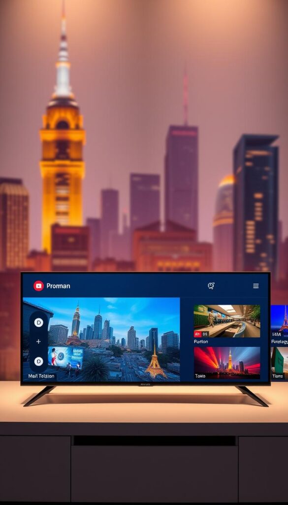 An elegant and intuitive IPTV user interface designed by Hoxtoon Provider. A sleek, minimalist layout with clear content sections and intuitive navigation. Vibrant HD video thumbnails in the foreground, complemented by a slightly blurred background showcasing a stylized cityscape. Subtle lighting creates a warm, inviting atmosphere. The interface is presented from a slightly elevated perspective, giving a sense of sophistication and control. Simple, well-spaced menu icons and an uncluttered overall design provide an exceptional user experience.