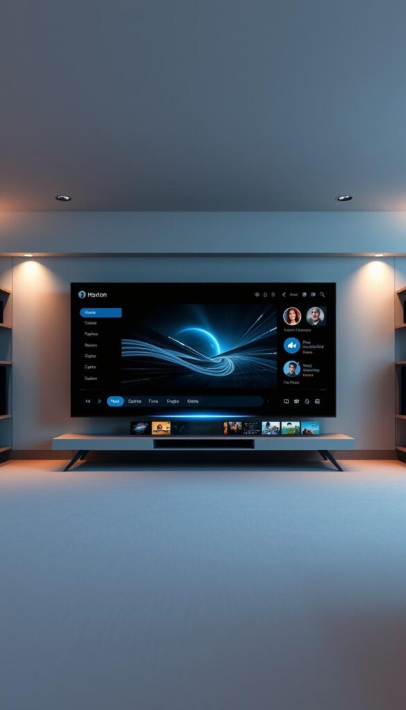 An elegant and intuitive IPTV user interface designed for the Hoxtoon Provider platform. A clean, minimalist layout with sharp HD graphics, featuring a central media player window surrounded by neatly organized menus and controls. The interface has a cool, sophisticated aesthetic with muted tones and subtle hints of blue in the design. Smooth camera angles showcase the responsive, user-friendly navigation, while subtle lighting and depth of field create a sense of depth and polish. The overall atmosphere is one of seamless, high-quality streaming for the discerning IPTV viewer.