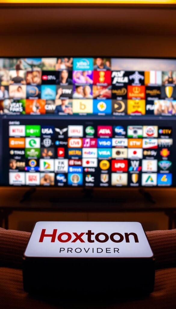 An expansive IPTV channel lineup displayed on a sleek, high-definition television screen. The scene is bathed in warm, diffused lighting, creating a cozy and immersive atmosphere. In the foreground, the Hoxtoon Provider logo is prominently featured, showcasing the quality and reliability of the IPTV service. The middle ground features a grid of channel icons, each with a distinct visual identity, reflecting the vast array of content available. The background subtly fades into a soft, blurred gradient, drawing the viewer's focus to the central display. The overall composition conveys a sense of abundance, clarity, and technological sophistication, perfectly aligning with the "Picture Quality and Streaming Performance" section of the article.