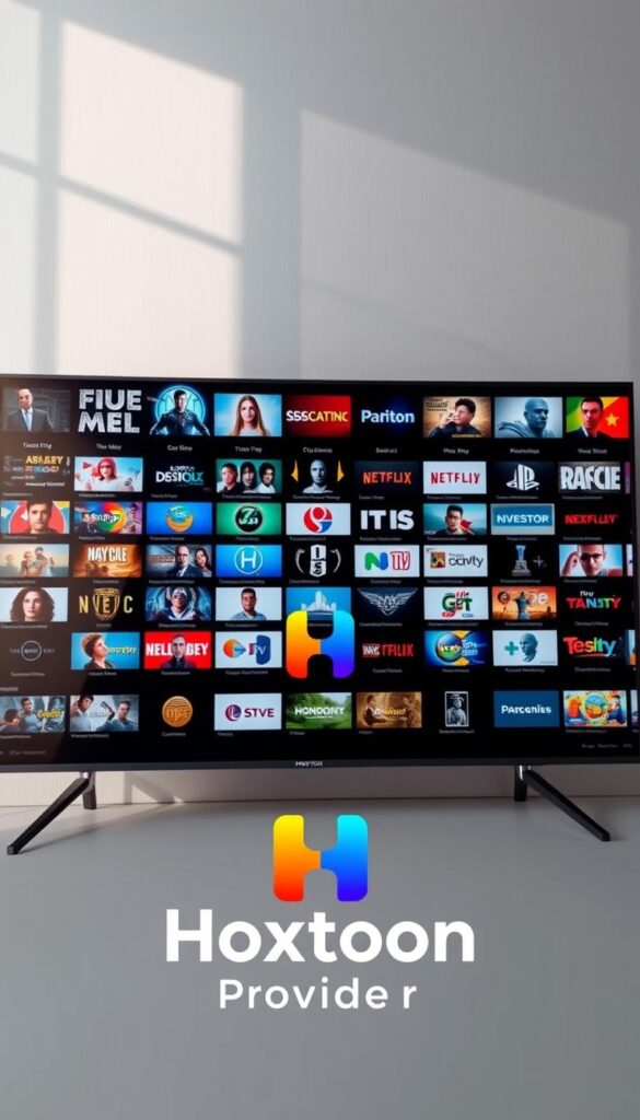 An expansive array of digital streaming channels cascading across a sleek, modern interface. In the foreground, the Hoxtoon Provider logo shines with a vibrant, eye-catching design. The middle ground showcases a diverse selection of live TV channels, documentaries, movies, and more, their thumbnails arranged in an intuitive grid layout. The background features a subtle, abstract pattern evoking the digital realm, bathed in a soft, natural lighting that creates a sense of depth and sophistication. The overall atmosphere conveys the vast content library and seamless user experience of the Hoxtoon IPTV service.