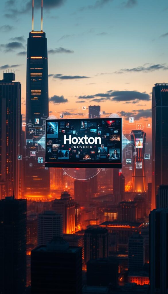 An expansive, futuristic cityscape at dusk, with towering skyscrapers and glowing holographic displays illuminating the night sky. In the foreground, a large, sleek television set levitates, its screen showcasing the Hoxtoon Provider logo amidst a dynamic, ever-changing array of multimedia content. Surrounding the television, ethereal data streams and holographic interfaces hint at the revolutionary capabilities of IPTV, blending the physical and digital realms. The scene is bathed in a warm, amber glow, creating a sense of technological innovation and a glimpse into the future of television.