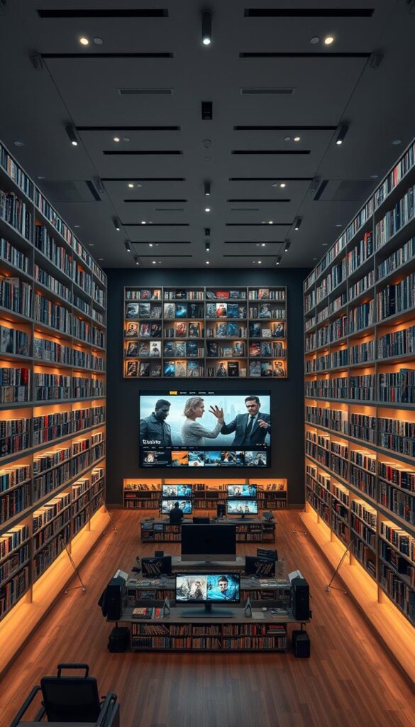 An expansive, modern library filled with an impressive collection of movies and TV shows on the Hoxtoon Provider VOD platform. The shelves stretch from floor to ceiling, adorned with a sleek, minimalist design in shades of grey and white. Soft, warm lighting casts a cozy glow, inviting users to browse the vast 150,000+ title selection. In the center, a large display showcases the latest releases and most popular content, tempting viewers to dive into the Hoxtoon entertainment universe. The space exudes a sense of sophistication and technological prowess, reflecting the premium quality and breadth of the Hoxtoon Provider streaming service.