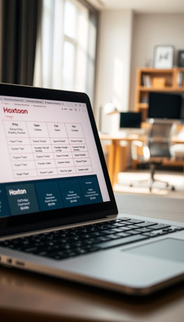 An image of a laptop screen displaying the Hoxtoon Provider IPTV subscription plan options, illuminated by soft natural light filtering through a window. The foreground features a sleek, modern laptop with a clean, minimalist design, its screen showcasing a variety of Hoxtoon subscription tiers, each with detailed pricing and service information. The middle ground depicts a neatly organized workspace, with a stylish desk and ergonomic chair, creating a professional and inviting atmosphere. The background gently blurs into a warm, inviting living room setting, suggesting the comfort and convenience of accessing Hoxtoon's IPTV service from the comfort of one's home.