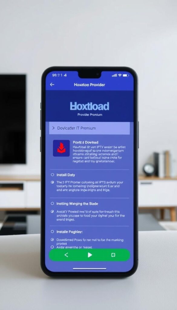 An image of a smartphone screen displaying the Hoxtoon Provider IPTV Premium APK download interface, set against a backdrop of a modern, minimalist home entertainment setup. The screen features a clean, user-friendly design with clear instructions and options for downloading and installing the app. The overall scene conveys a sense of simplicity, convenience, and the promise of unlocking a world of streaming entertainment.