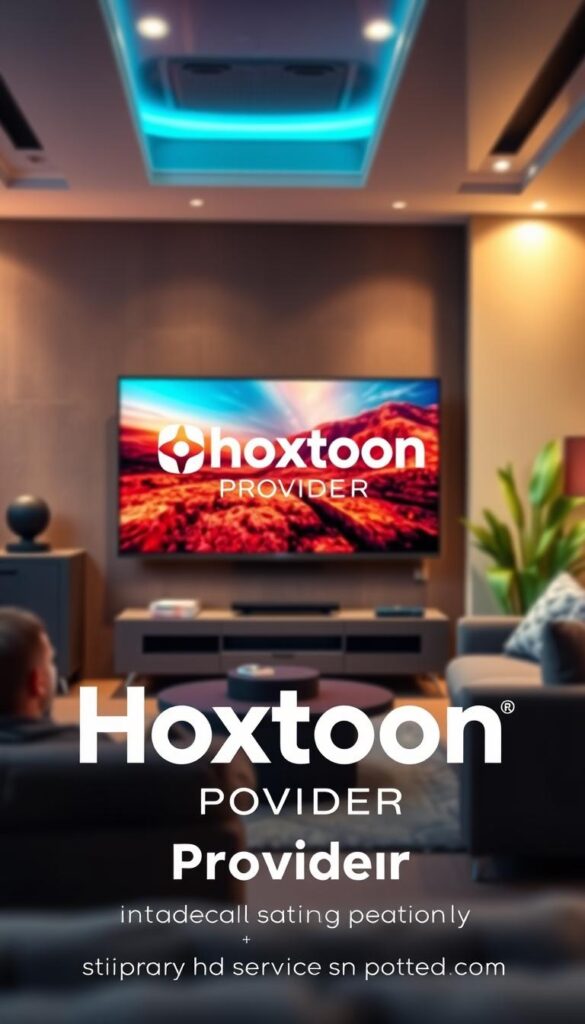 An immersive IPTV streaming experience with vibrant, crystal-clear visuals and seamless playback. A dynamic interior scene showcases a modern living room with a sleek TV displaying high-quality video, surrounded by plush furniture and warm lighting. The Hoxtoon Provider logo prominently featured, conveying the reliable, high-performance streaming solution. Subtle film grain and depth of field create a cinematic atmosphere, inviting the viewer to sit back and enjoy the content. Emphasis on the superior visual fidelity and immersive ambiance of the Hoxtoon IPTV service.