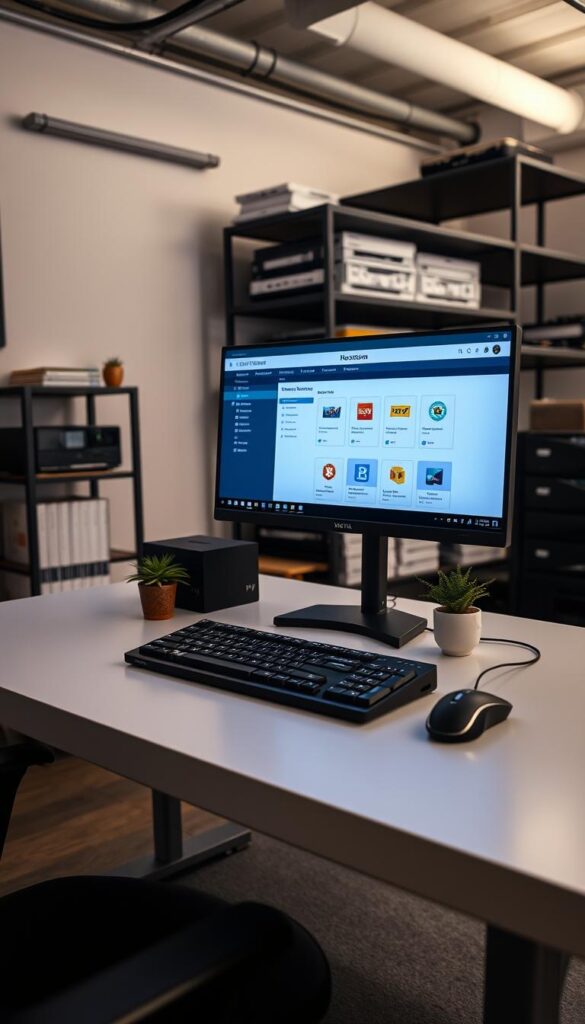 An industrial-style office setup with a modern, minimalist desk and a 24-inch high-resolution monitor displaying a Hoxtoon Provider IPTV server interface. The desk is clean and organized, with a sleek black keyboard, a wireless mouse, and a small potted plant. The lighting is soft and ambient, creating a professional and focused atmosphere. In the background, a bookshelf with various technical books and manuals related to IPTV and network setup. The overall scene conveys a sense of expertise and efficiency in managing a premium IPTV service.