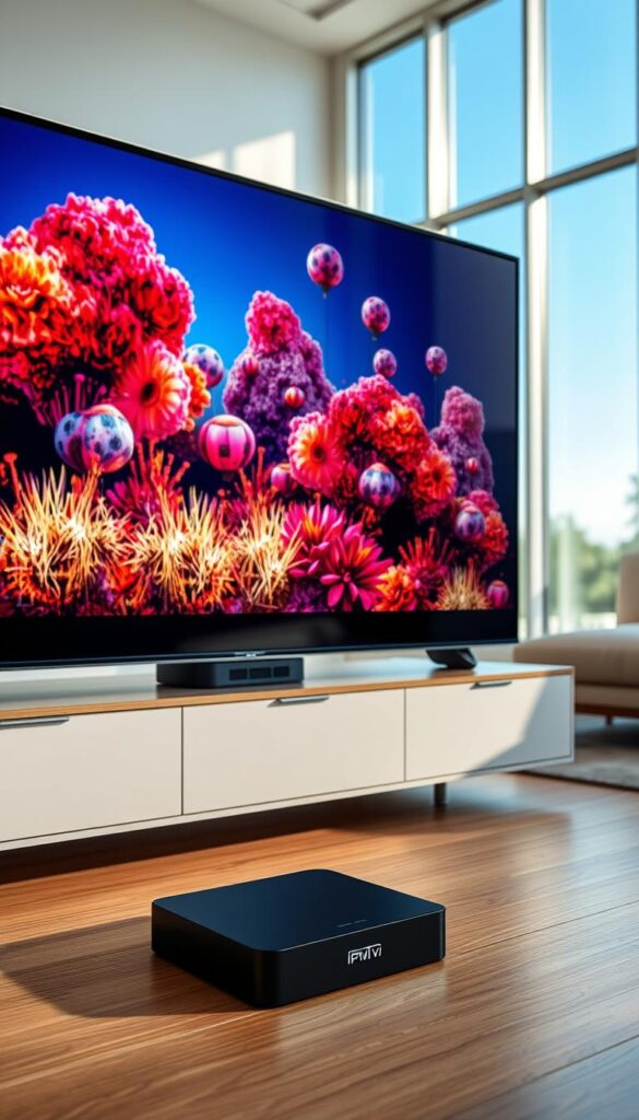 An interior scene showcasing the Hoxtoon Provider IPTV Smarters Pro subscription service. In the foreground, a high-resolution display dominates the frame, showcasing crystal-clear video playback with vibrant colors and deep blacks. The middle ground features a sleek, modern media console housing the IPTV Smarters Pro device, its LED indicator softly glowing. The background reveals a minimalist living room setting, with large windows allowing natural light to flood the space, creating a bright, airy atmosphere. The overall scene conveys a sense of technical excellence, premium quality, and seamless streaming performance.