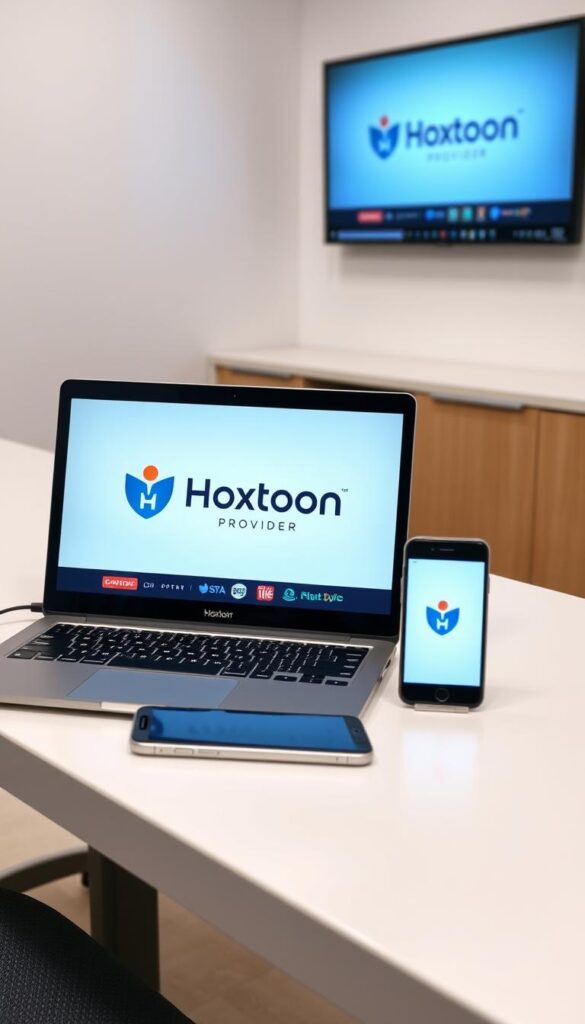 An office desk with a laptop, tablet, and smartphone displaying an IPTV subscription service. The Hoxtoon Provider logo is prominently featured on the screen. The desk is well-lit, with a clean, minimalist aesthetic. The background is slightly blurred, emphasizing the technology on the desk. The overall mood is professional and trustworthy, conveying the legal and secure nature of the IPTV service.