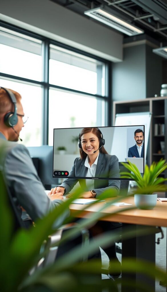 An office setting with a professional customer support agent from Hoxtoon Provider, sitting at a desk and assisting a customer via video call. The agent has a friendly, helpful expression and is dressed in business attire. The background features modern office decor, with a large window providing natural lighting. The overall atmosphere conveys a sense of reliability, efficiency and attention to customer needs.