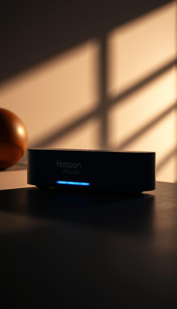 An ultra-high-definition streaming device with the "Hoxtoon Provider" logo prominently displayed on its sleek, modern casing. The device is shown from a slightly low angle, casting long shadows across a dimly lit, minimalist setting. The background is softly blurred, allowing the device to stand out as the focal point. Soft, warm lighting emanates from the device, creating a cozy, inviting atmosphere. The overall impression conveys a sense of premium quality, reliable performance, and cutting-edge technology - perfectly suited to illustrate the "Streaming Quality and Performance Factors" section of the article.