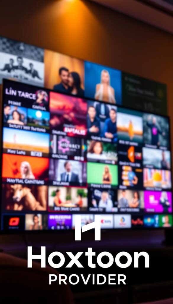 An ultra-high-definition television display showing a dynamic array of vivid digital television channels, broadcasting a diverse range of content. The screen is backlit with a warm, ambient lighting that creates a cozy, inviting atmosphere. In the foreground, the Hoxtoon Provider logo is prominently displayed, signifying the revolutionary IPTV service that powers this cutting-edge digital television experience. The middle ground features a clean, minimalist user interface, allowing for seamless navigation through the extensive channel selection. The background is filled with a soft, blurred cityscape, suggesting the ubiquity and accessibility of this advanced television technology.