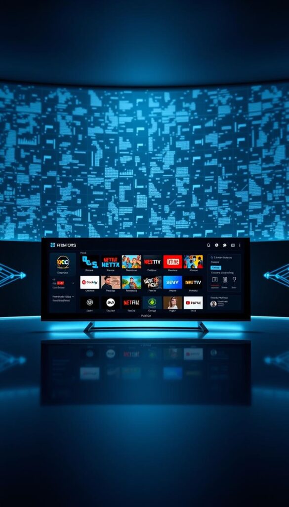 An ultra-modern and sleek digital interface showcasing the premium features of the Hoxtoon IPTV provider. In the foreground, a minimalist dashboard displays a grid of high-definition channel icons, reflecting the breadth of live TV and on-demand content. The middle ground highlights intuitive navigation controls, seamless device integration, and personalized recommendations. In the background, a subtle grid of data visualizations conveys the robust infrastructure and advanced technology powering the Hoxtoon platform. Backlighting creates a sense of depth and sophistication, while a cool color palette evokes a premium, cutting-edge aesthetic. The overall composition emphasizes the Hoxtoon provider's commitment to delivering a seamless, feature-rich IPTV experience.