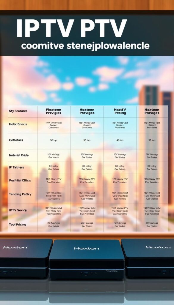 Crisp, high-resolution image of a side-by-side comparison of various IPTV service providers, including the Hoxtoon Provider brand. In the foreground, three modern IPTV set-top boxes in sleek, minimalist designs. The middle ground showcases a grid-like layout highlighting key features and pricing of the different IPTV services, with the Hoxtoon Provider clearly marked. The background features a soft, blurred cityscape with skyscrapers and a vibrant sky, conveying a sense of urban technology and progress. The overall scene is illuminated by warm, natural lighting, creating a polished, professional appearance.