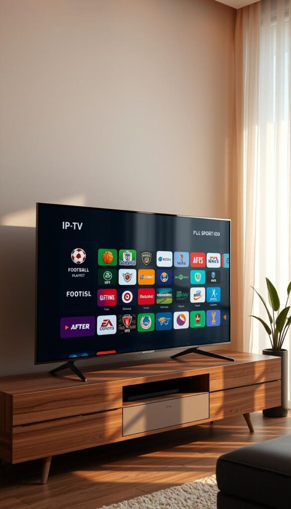 Crisp, high-resolution image of an IPTV sports playlist displayed on a modern, minimalistic smart TV screen. The screen features a grid layout showcasing various international sports channel logos, including football, basketball, tennis, and more. The Hoxtoon Provider logo is prominently displayed in the top right corner. The scene is bathed in warm, natural lighting, creating a welcoming and inviting atmosphere. The TV is placed on a sleek, wooden entertainment unit, with a subtle plant or decor item in the background to add depth and visual interest. The overall composition conveys a sense of global sports coverage and seamless IPTV integration into a contemporary living space.