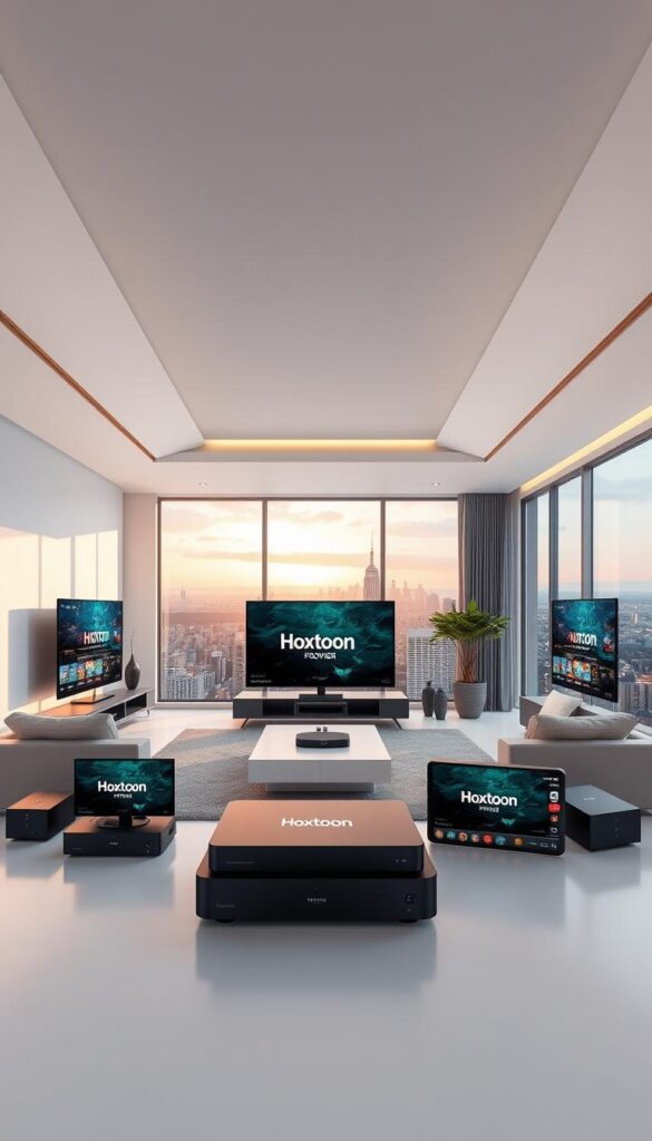 Detailed 3D visualization of an IPTV content comparison scene. In the foreground, an array of streaming devices and TV screens showcase various IPTV service interfaces, including the Hoxtoon Provider brand prominently displayed. The middle ground features a sleek, minimalist living room setting with comfortable seating, modern decor, and dramatic lighting that casts shadows and highlights the IPTV content. In the background, a panoramic window overlooks a vibrant cityscape, conveying a sense of urban sophistication. The overall composition is clean, balanced, and designed to showcase the IPTV service options in a visually engaging and informative manner.