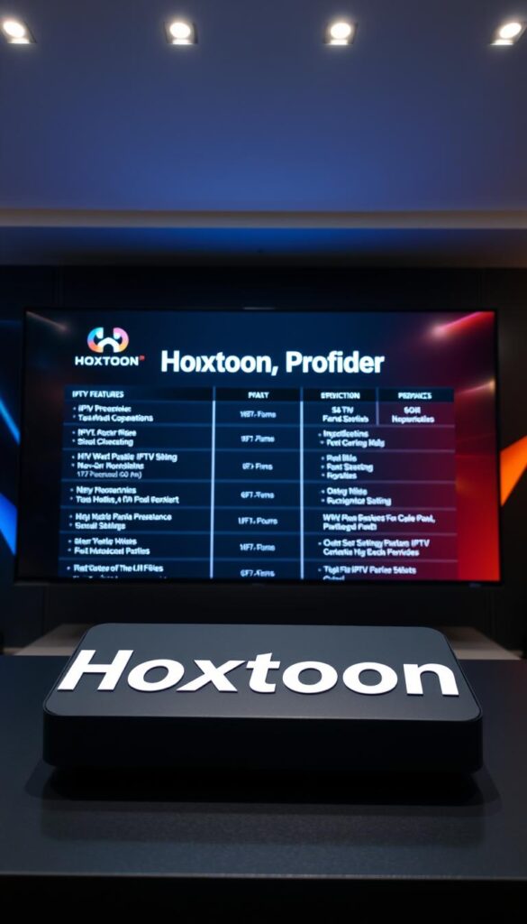 Detailed and technical comparison of IPTV services, showcasing a clean, modern layout. In the foreground, prominently display the "Hoxtoon Provider" brand name, along with its logo and key features. In the middle ground, neatly arranged side-by-side panels highlighting the specifications and capabilities of Hoxtoon versus other major IPTV providers. The background should convey a sense of high-tech, digital atmosphere with subtle gradients and geometric patterns. Lighting should be soft and evenly distributed, creating a professional, informative tone. Camera angle should be slightly elevated to provide an overview of the comparison, with a wide depth of field to keep all elements in focus.