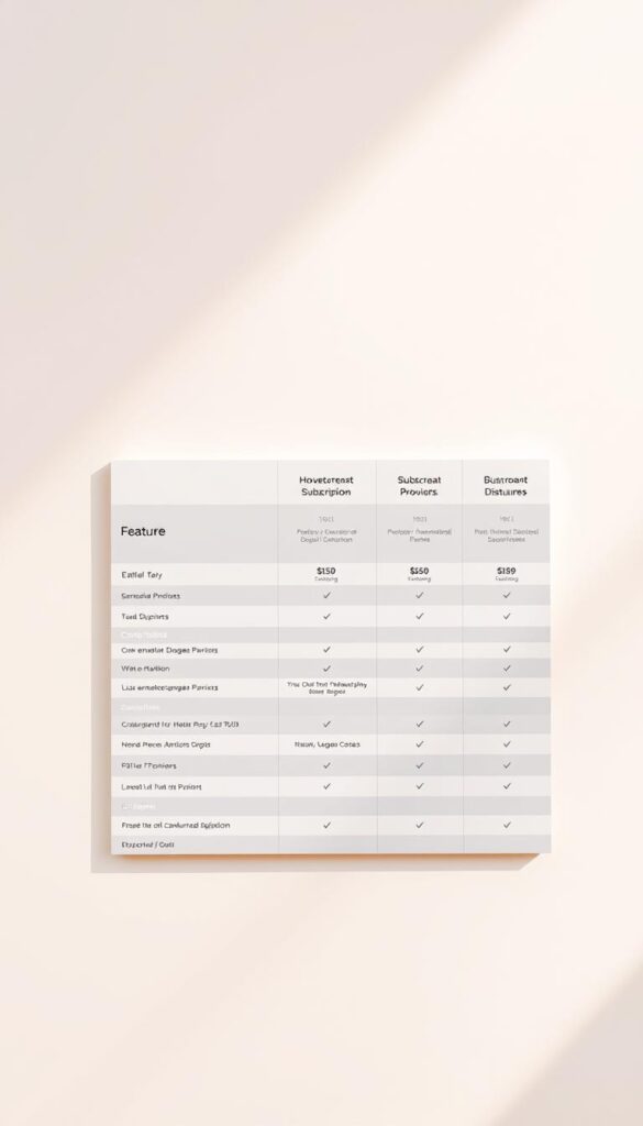 Detailed comparison of Hoxtoon Provider subscription plans laid out in a sleek, modern table format. The table occupies the central focus, surrounded by a bright, airy background with subtle gradients. The plan details are presented in a clean, easily readable layout with distinct columns highlighting the key features and pricing. The overall aesthetic evokes a sense of professionalism and clarity, guiding the viewer through the Hoxtoon Provider service offerings. Soft lighting casts a warm glow, creating a welcoming and informative atmosphere.