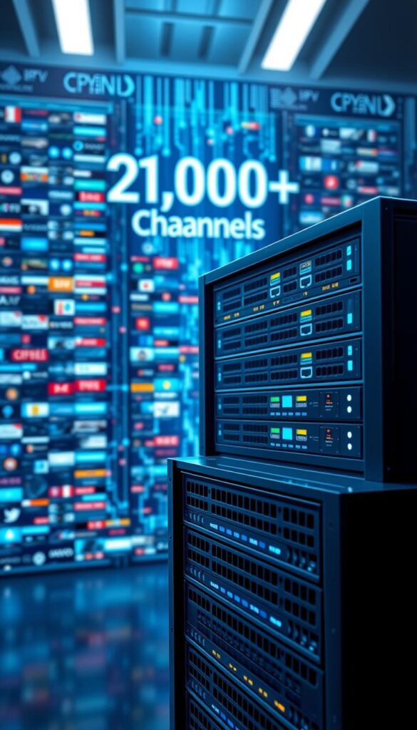 Detailed digital illustration of Hoxtoon Provider's premium IPTV server featuring a vast content library. A sleek, high-tech server rack with multiple network ports and cooling fans in the foreground, surrounded by a matrix of glowing digital interfaces in the middle ground. In the background, a dynamic visualization of the 21,000+ channels available, represented by a pulsating data stream. Crisp, futuristic lighting casts a cool, technical ambiance. Precise, photorealistic rendering with a focus on intricate details and advanced technology.
