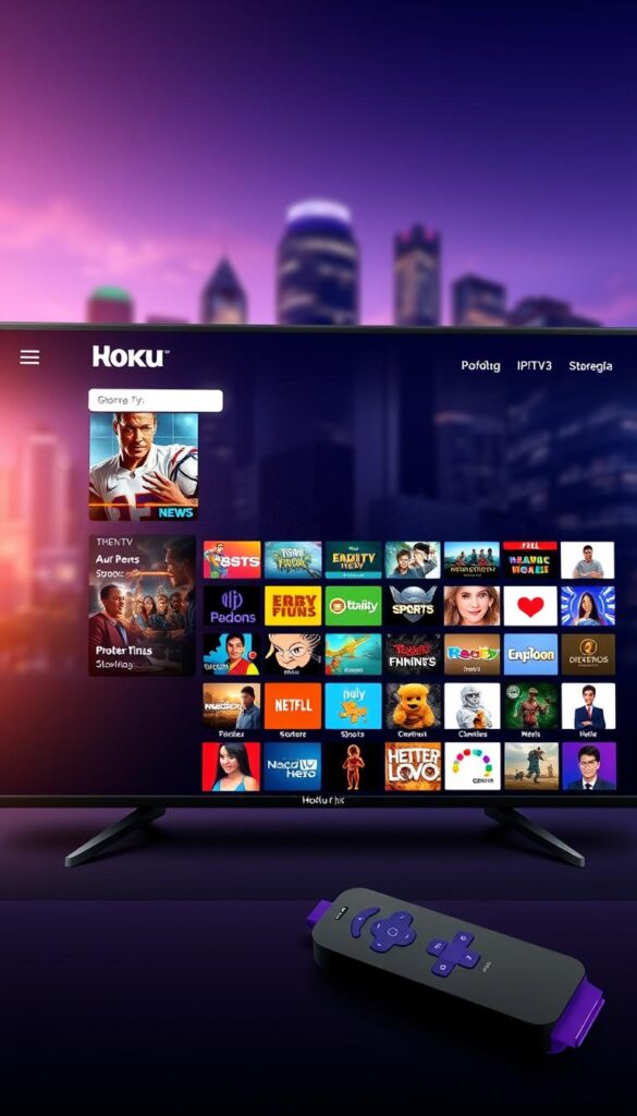 Detailed digital illustration of a Roku TV interface displaying a wide variety of IPTV channels, with a focus on the "Hoxtoon Provider" brand. The scene features a Roku home screen in the foreground, showcasing an organized grid of vibrant, high-definition channel icons. The middle ground depicts various genre-specific IPTV categories, such as live news, sports, movies, and entertainment. In the background, a blurred cityscape or media hub setting creates a sense of a connected, digital ecosystem. The overall composition conveys the breadth and quality of IPTV content available to Roku users through the Hoxtoon Provider service, emphasizing its role in enhancing the Roku TV experience.