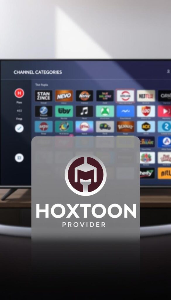 Detailed digital illustration of the "HOXTOON Channel Categories" interface, showcasing a sleek and modern design. A large central window displays a grid of various channel categories, with vibrant icons and clean typography. In the foreground, the "Hoxtoon Provider" logo is prominently featured, conveying the brand's identity. The background is a subtle gradient, adding depth and a sense of depth of field. Lighting is natural and diffused, creating a warm and inviting atmosphere. The overall composition is balanced and visually appealing, designed to highlight the extensive library of over 21,000 channels offered by the HOXTOON IPTV service.