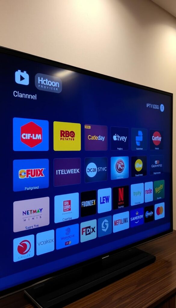 Detailed digital interface showcasing the IPTVDIGI channel selection screen. Prominent display of high-definition channel logos, vibrant colors, and intuitive menu navigation. Soft, ambient lighting illuminates the modern, sleek design aesthetic. Hoxtoon Provider branding discreetly displayed in the corner. Camera positioned at eye-level, capturing the interface in a clean, uncluttered composition. The overall mood is one of user-friendly accessibility and content-focused entertainment.