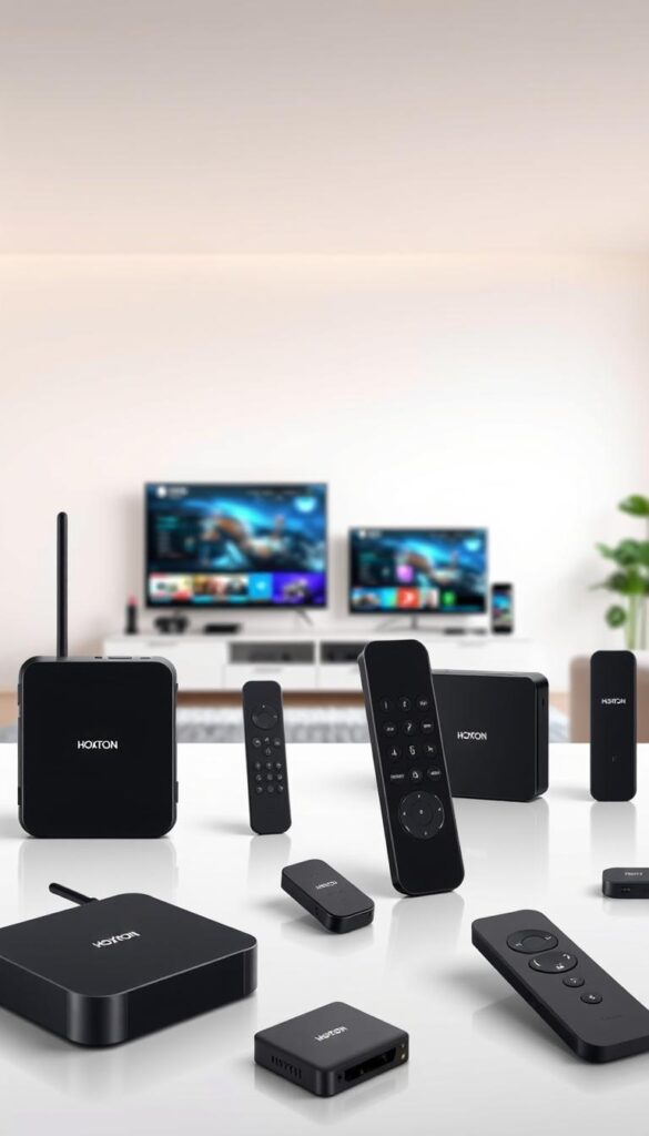 Detailed high-resolution image of an assortment of modern IPTV streaming devices, including the Hoxtoon Provider. The foreground features various set-top boxes, dongles, and remotes in sleek black and gray tones, showcasing their compact and minimalist designs. The middle ground displays the devices connected to smart TVs, tablets, and smartphones, highlighting their seamless multi-device support. The background depicts a clean, minimalist living room setting with soft, warm lighting, conveying a sense of premium and elevated home entertainment experience.