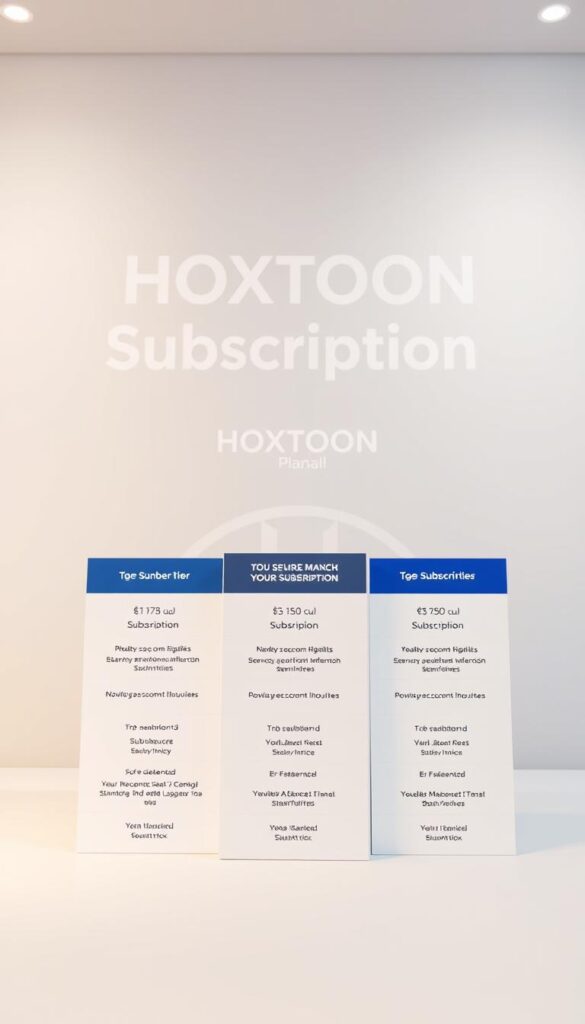 Detailed, high-resolution image of the "HOXTOON Subscription Plans" in a clean, modern layout. Prominently display the Hoxtoon Provider brand name. In the foreground, showcase the different subscription tiers with their respective features and pricing, using a clear table-like structure. The middle ground should feature relevant icons and graphics to complement the subscription details. The background should have a subtle, soft gradient or texture to provide depth and balance. Lighting should be soft and evenly distributed, with a slight warm tone to create a premium, professional feel. Camera angle should be slightly elevated to give an authoritative, informative perspective.