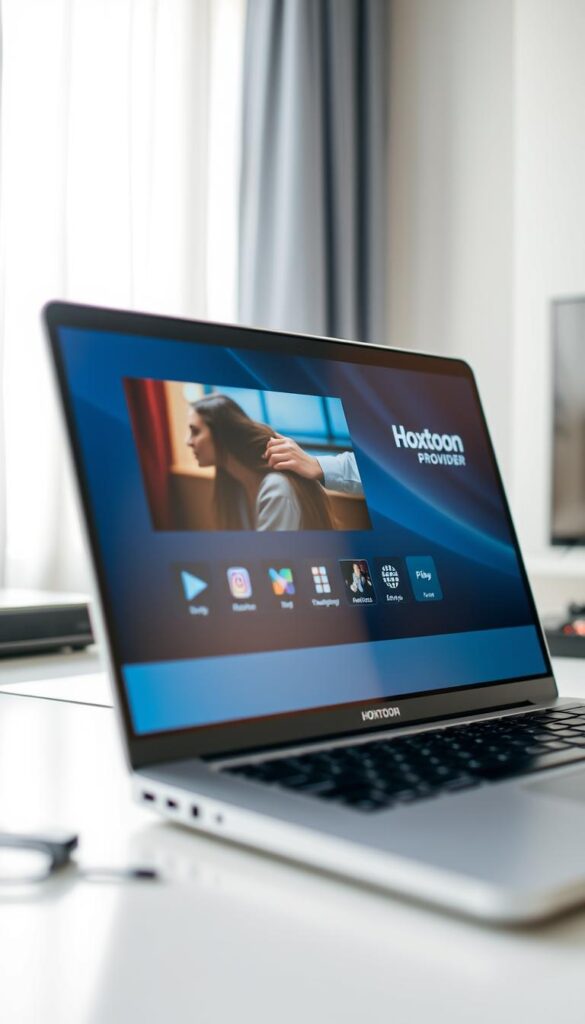 Detailed image of a laptop screen displaying a streaming media player interface with smooth, high-quality video playback. The screen shows the Hoxtoon Provider brand logo in the corner. Bright, natural lighting illuminates the scene, creating a clean and inviting atmosphere. The laptop is positioned on a minimalist desk, with a few peripheral devices visible in the background. The overall composition conveys a sense of optimization and seamless IPTV experience.