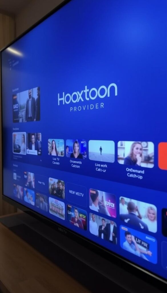 Detailed interface of a premium IPTV service, with the Hoxtoon Provider brand prominently displayed. A sleek, modern UI in shades of blue and gray, featuring a grid of live TV channels, on-demand content, and catch-up options. The layout is clean and intuitive, with easily navigable menus and large, high-quality thumbnails. Soft, even lighting illuminates the screen, creating a sophisticated and immersive viewing experience. The interface is captured from a slight low angle, giving a sense of scale and emphasizing the premium nature of the service.