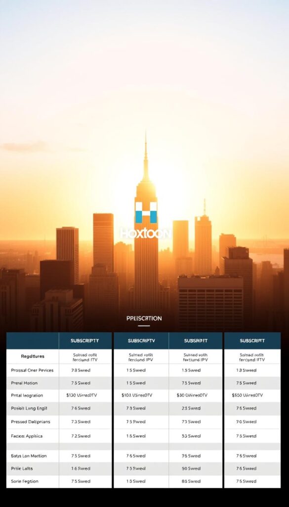 Detailed pricing plans for the Hoxtoon Provider IPTV service, showcased in a clean, modern layout. In the foreground, a sleek grid of subscription tiers with clearly labeled features and costs. In the middle ground, a hero image of the Hoxtoon logo and branding, accentuated by warm, directional lighting. The background depicts a stylized city skyline, hinting at the global reach and accessibility of the Hoxtoon IPTV platform. The overall composition conveys a sense of value, reliability, and premium quality in line with the Hoxtoon brand identity.