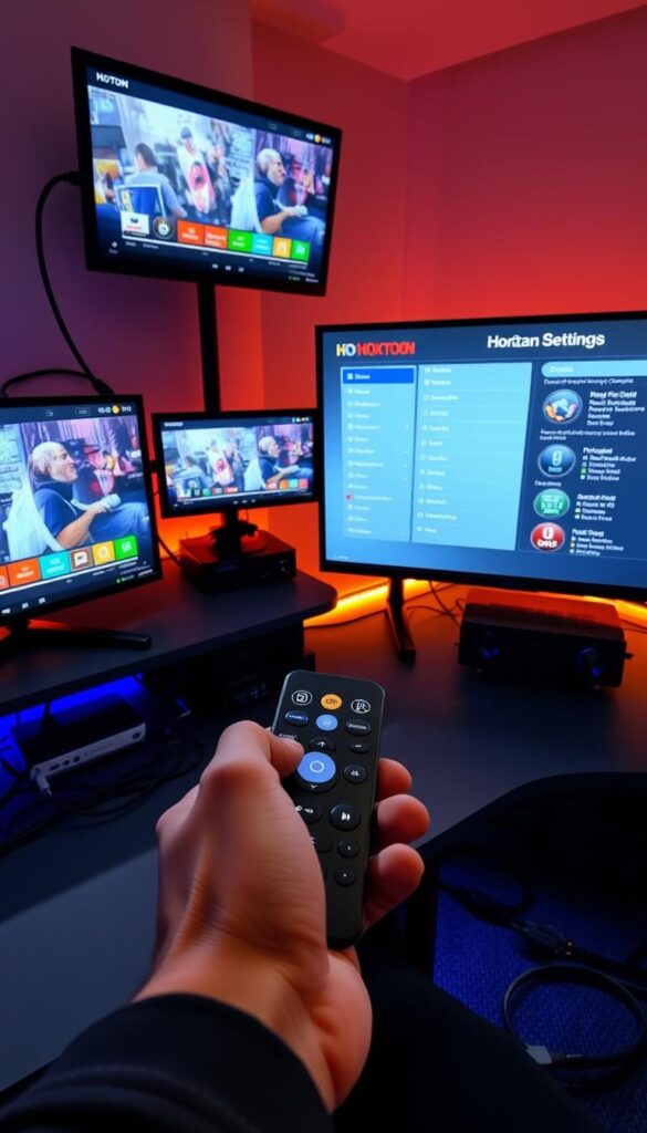 Detailed setup of a modern IPTV service by Hoxtoon Provider. A sleek, high-tech workstation with multiple monitors displaying live TV channels, program guides, and settings menus. Soft ambient lighting casts a warm glow over the scene. Cables and devices neatly organized, conveying a professional, user-friendly experience. In the foreground, a person's hands interacting with a touchscreen remote, seamlessly configuring the Hoxtoon IPTV system. The overall atmosphere is one of technological sophistication and effortless entertainment.