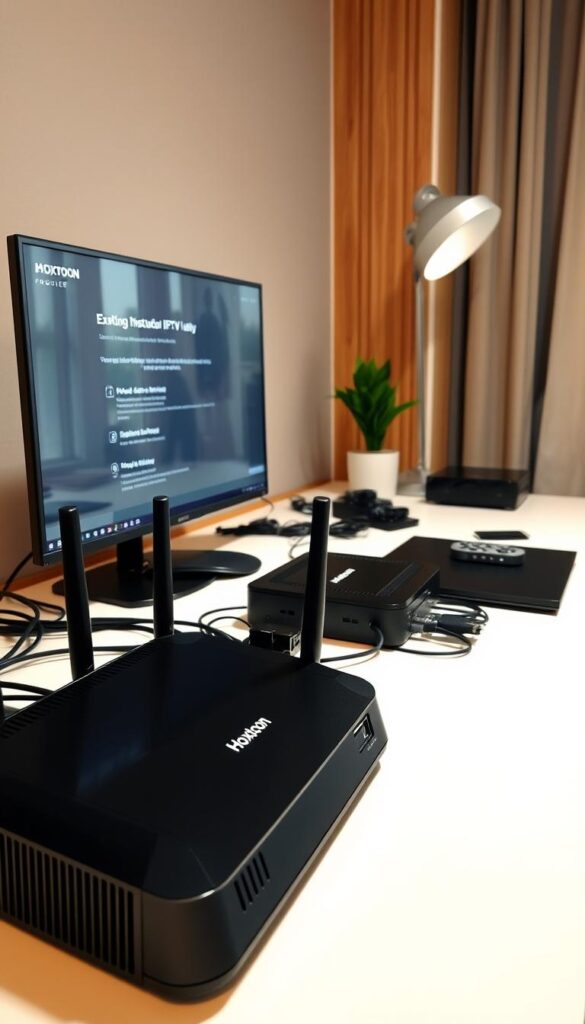 Detailed technical setup guide for Hoxtoon IPTV service. Well-lit modern home office with professional-grade router, networking devices, and streaming setup. Sleek black and silver hardware on a clean white desk. Cables neatly organized, screen displaying step-by-step Hoxtoon IPTV installation instructions. Subtle warm lighting, natural wood accents create a productive, professional atmosphere. Focus on the setup process, minimal background distractions. Hoxtoon Provider brand prominently featured on router and other equipment.