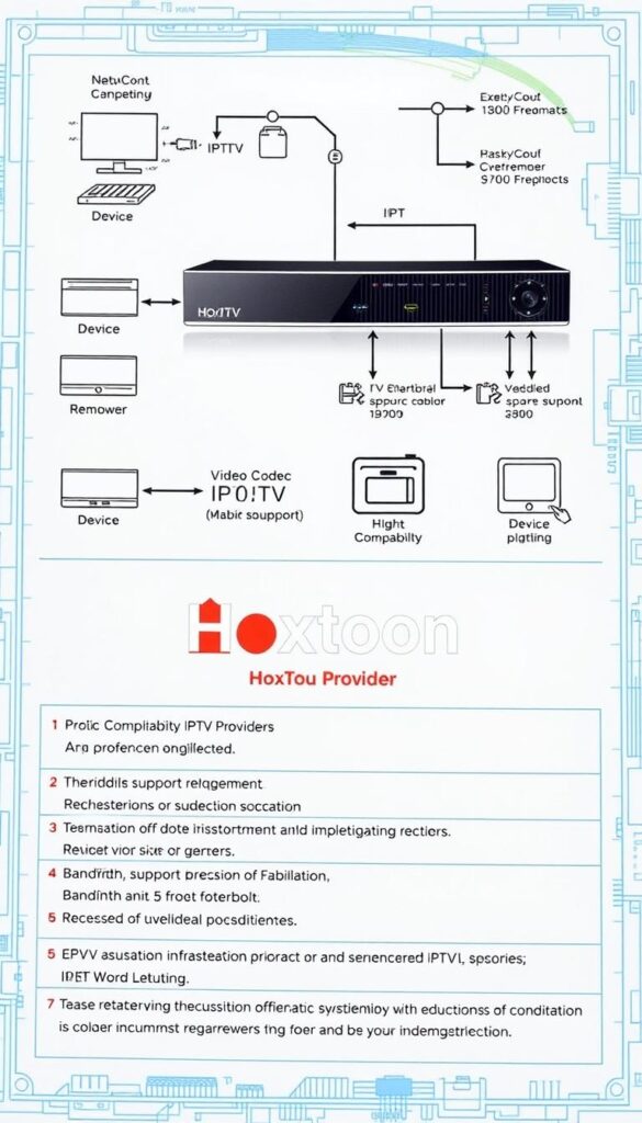 Detailed technical specifications and requirements for an IPTV system, rendered on a technical blueprint background. Includes diagrams and icons showcasing network infrastructure, device compatibility, video codec support, and bandwidth requirements. The Hoxtoon Provider logo is prominently displayed, highlighting their IPTV service. The image conveys a sense of technical proficiency and comprehensive IPTV solutions.