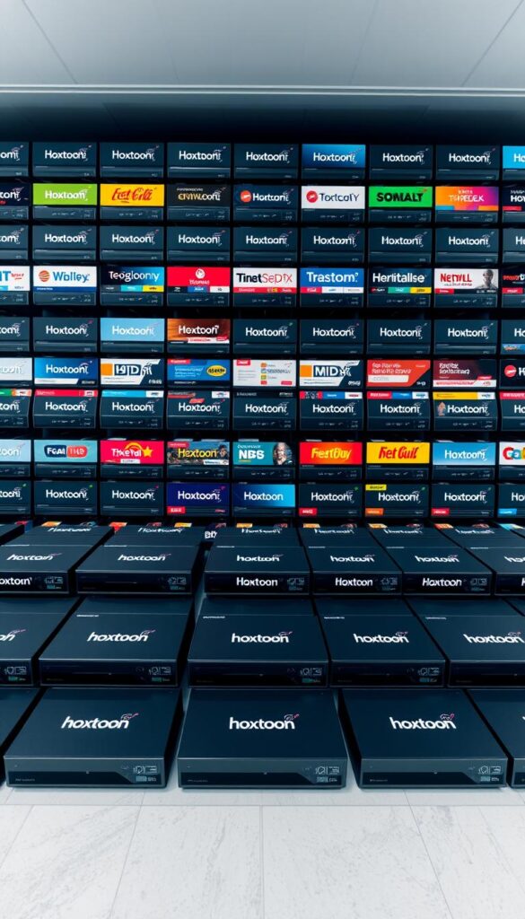 Detailed wide-angle shot of a massive media library with row upon row of sleek black Hoxtoon Provider set-top boxes, each displaying the Hoxtoon logo. Vibrant colors and clean, modern design fill the frame, conveying a sense of high-tech entertainment and premium media services. The boxes are arranged in a visually striking layout, drawing the eye to the impressive scale and variety of the Hoxtoon Provider's channel offerings. Soft, directional lighting creates depth and highlights the refined aesthetic. The overall composition exudes a professional, high-quality feel befitting the subject matter.