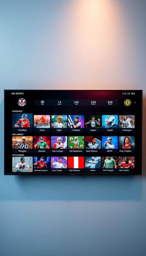 Dramatic overhead shot of a sleek, modern TV display showcasing a diverse array of IPTV sports channels, including popular American and international leagues. The display is set against a cool, minimalist backdrop with a subtle Hoxtoon Provider logo in the corner, conveying a sense of premium quality and reliable service. Soft, directional lighting casts a warm glow, highlighting the vibrant colors and crisp imagery of the channels. The composition emphasizes the wide selection and accessibility of these free IPTV sports offerings through the Hoxtoon Provider platform.