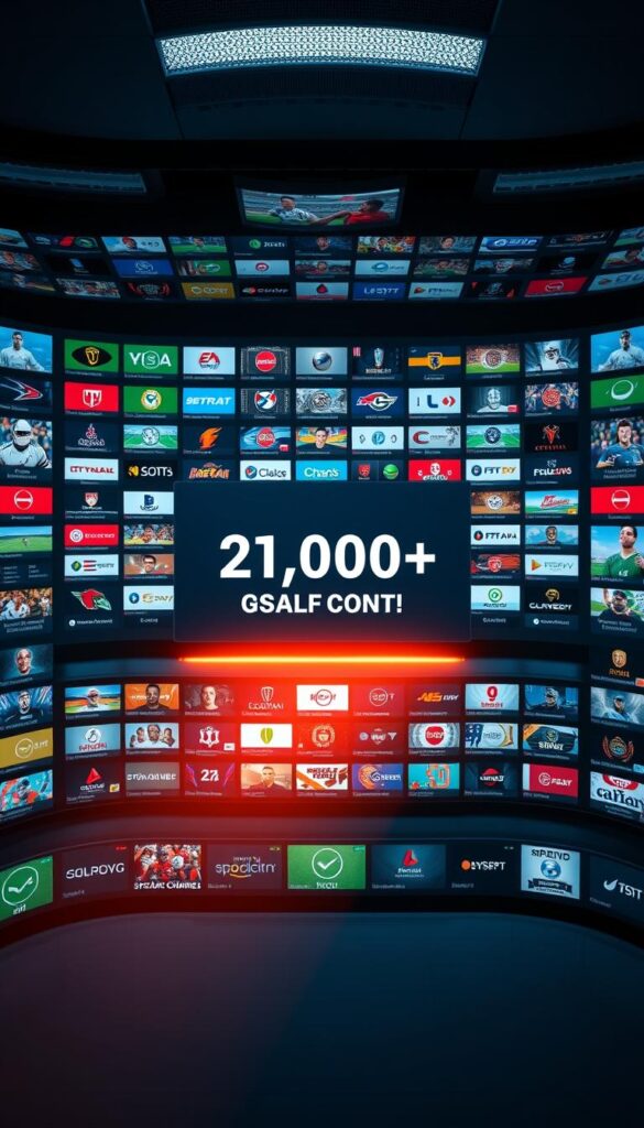 Dramatic overhead view of an expansive IPTV sports channels interface, showcasing the unparalleled variety offered by the Hoxtoon Provider. Sleek, minimalist UI design with crisp, vibrant icons representing a vast array of live sports events, leagues, and channels. Elegant color palette of blues and greys creates a sophisticated, technological atmosphere. Subtle cinematic lighting casts a warm glow, drawing the eye to the central display of the staggering 21,000+ channel count. Smooth, high-resolution rendering captures the scale and scope of Hoxtoon's comprehensive sports entertainment ecosystem.