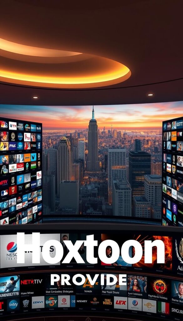 Elegant and expansive IPTV streaming library, showcasing rows of premium channels arrayed in a sleek, modern interface. Overhead lighting casts a warm glow, highlighting the Hoxtoon Provider brand name in bold, high-contrast text. The foreground features a diverse selection of channels, from news and sports to movies and entertainment, each with distinct logos and imagery. The middle ground showcases the sheer breadth of content, with category tabs and navigation controls. In the background, a vivid cityscape vista extends, symbolic of the global reach and scale of the Hoxtoon IPTV service. The overall mood is one of sophistication, quality, and the thrill of endless entertainment possibilities.