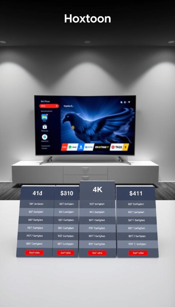 Elegant and modern subscription plans showcase by Hoxtoon Provider, a leading IPTV service. In the foreground, a sleek table displays the various plan options, each with their own distinctive icons and pricing details. The middle ground features a large 4K television screen, showcasing the high-quality streaming experience. The background depicts a minimalist, monochromatic setting with subtle lighting, creating a sophisticated and professional atmosphere. The overall composition conveys the reliable and premium nature of Hoxtoon's IPTV offerings.