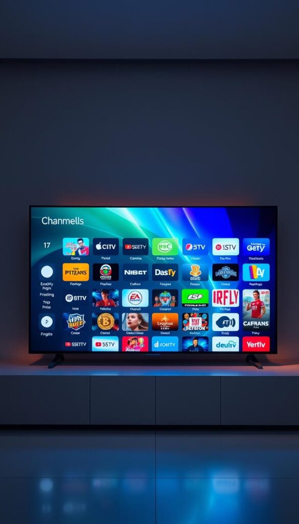 Elegant and sophisticated IPTV channel lineup displayed on a high-resolution widescreen television, showcasing the premium offering of the Hoxtoon Provider. The channels are presented in a visually striking arrangement, with vivid colors, sharp contrasts, and a sense of depth and dimension. Dramatic lighting illuminates the screen, creating a captivating and immersive viewing experience. The television is placed in a minimalist, modern setting, with clean lines and a sleek, high-end aesthetic that complements the premium nature of the Hoxtoon Provider's services.