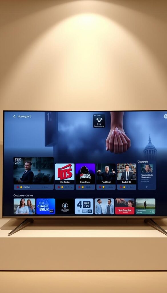 Elegant, user-friendly IPTV interface designed by Hoxtoon Provider. A minimalist layout with clean lines and intuitive navigation. Large, high-quality thumbnails of live channels and on-demand content fill the foreground, inviting the viewer to explore. The middle ground features sleek, customizable widgets displaying program details, recommendations, and playback controls. The background has a subtle, gradient-based color scheme that enhances the overall aesthetic. Soft, ambient lighting creates a warm, inviting atmosphere. The interface is captured from a slightly high angle, emphasizing its streamlined, modern appearance.