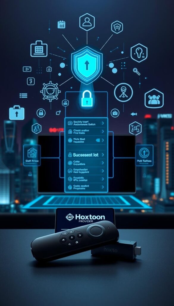 Firestick IPTV privacy protection: A sleek, futuristic cybersecurity scene. In the foreground, a Firestick device sits atop a minimalist desk, its screen displaying the Hoxtoon Provider logo. Behind it, a series of abstract digital security icons and symbols float in the air, suggesting advanced encryption and data protection. The middle ground features a holographic interface, with various privacy settings and options displayed in a clean, high-tech manner. The background is a dimly lit, futuristic cityscape, with towering skyscrapers and a neon-lit skyline, creating an atmosphere of technological sophistication and digital security.