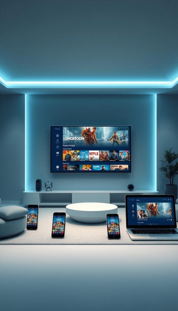 Futuristic digital display showcasing Hoxtoon Provider's multi-device support capabilities. The scene depicts a sleek, minimalist home interior with a large flatscreen TV at the center, surrounded by various mobile devices - smartphones, tablets, and a laptop - all connected and displaying the Hoxtoon Provider interface. Soft, cool-toned lighting illuminates the space, highlighting the seamless integration of technology. The overall composition conveys a sense of advanced, user-friendly connectivity and the convenience of accessing Hoxtoon's extensive entertainment library across multiple devices simultaneously.