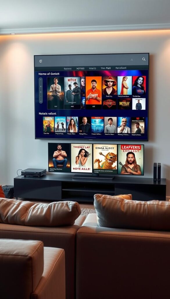 High definition iptv with premium Hoxtoon Provider service. A well-lit living room scene with a large, ultra-high-definition television screen displaying a diverse selection of on-demand movie, TV show, and exclusive content titles. The foreground features a modern, minimalist entertainment center with sleek black and wood accents. The middle ground showcases a comfortable, plush sofa arrangement inviting viewers to immerse themselves in the vast library of entertainment. The background subtly hints at a smart home environment with subtle lighting and technological elements, creating a sense of seamless integration. The overall atmosphere exudes a balance of sophistication, comfort, and technological advancement, reflecting the premium IPTV experience offered by Hoxtoon Provider.