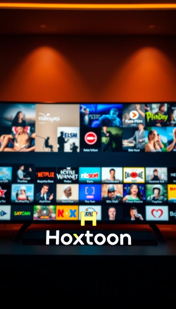 High-quality IPTV channels showcased on a modern, sleek media center interface. Illuminated by warm, cinematic lighting that highlights the crisp, vibrant visuals. In the foreground, a Hoxtoon Provider logo prominently displayed, signifying the expansive content library. The middle ground features rows of colorful channel icons, each promising a diverse range of entertainment. In the background, a subtle gradient backdrop sets the tone for an immersive viewing experience. The overall scene conveys a sense of premium quality, technological sophistication, and the endless entertainment possibilities offered by the Hoxtoon IPTV service.